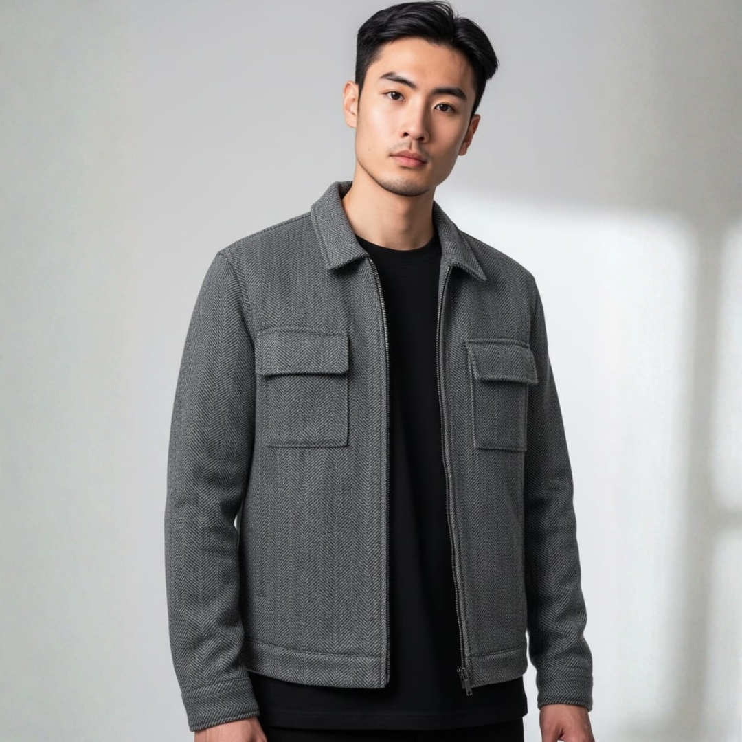 Man in a grey jacket with a front zip, a collar and flap chest pockets on a light background