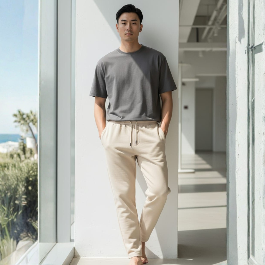 Men Pants in cream with a drawstring waist, side pockets and cuffed ankles