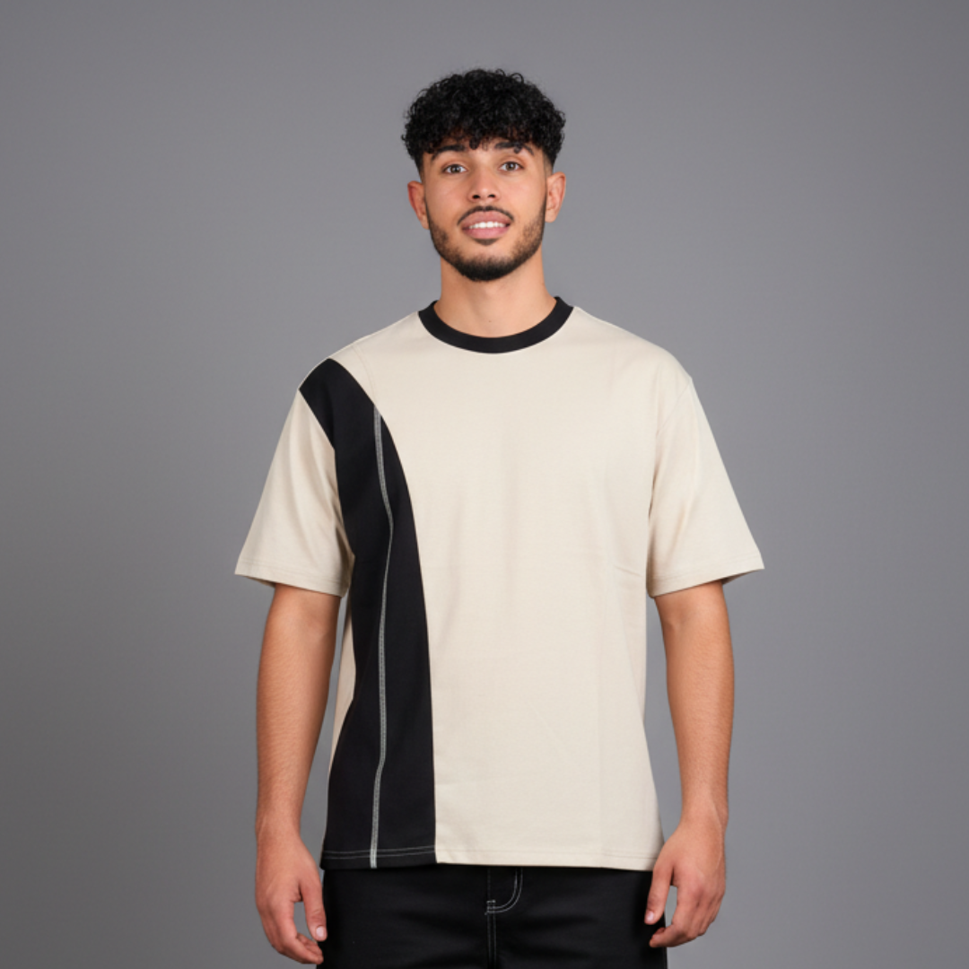 Oversized T-Shirt in beige with a black side panel and a black neck rib