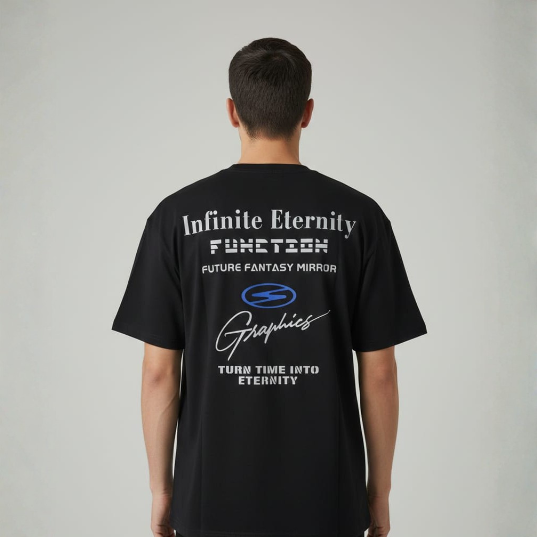 Oversized T-Shirt in black with white lettering and a blue oval on the back
