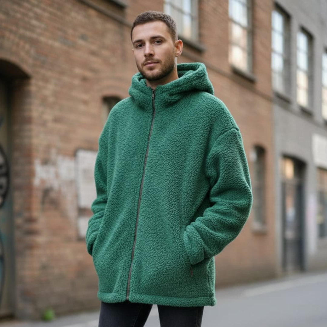 Green hooded jacket with a roomy cut, a full zip and two side pockets