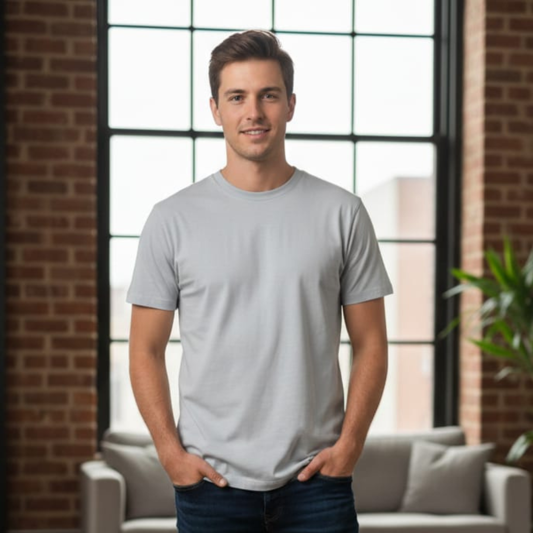 Plain light grey T-shirt with a crew neck and short sleeves, worn by a model indoors