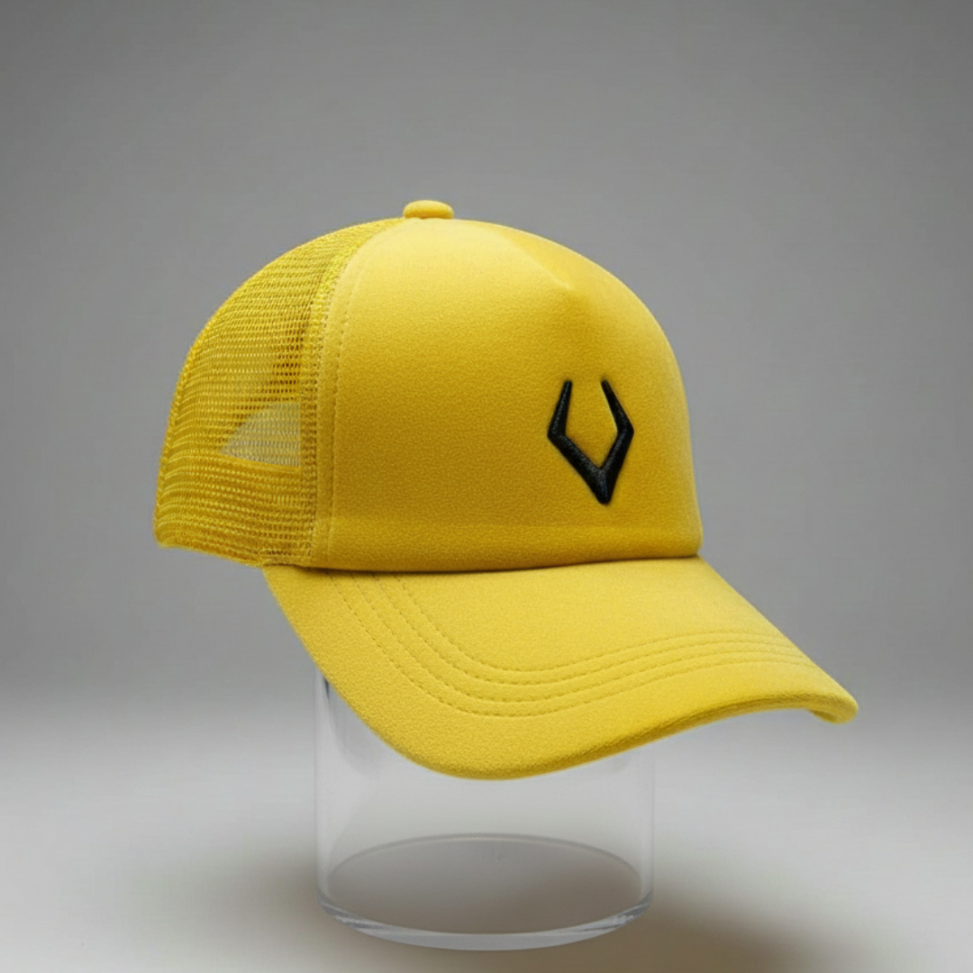 Yellow cap with a yellow mesh back and a black embroidered emblem on the front
