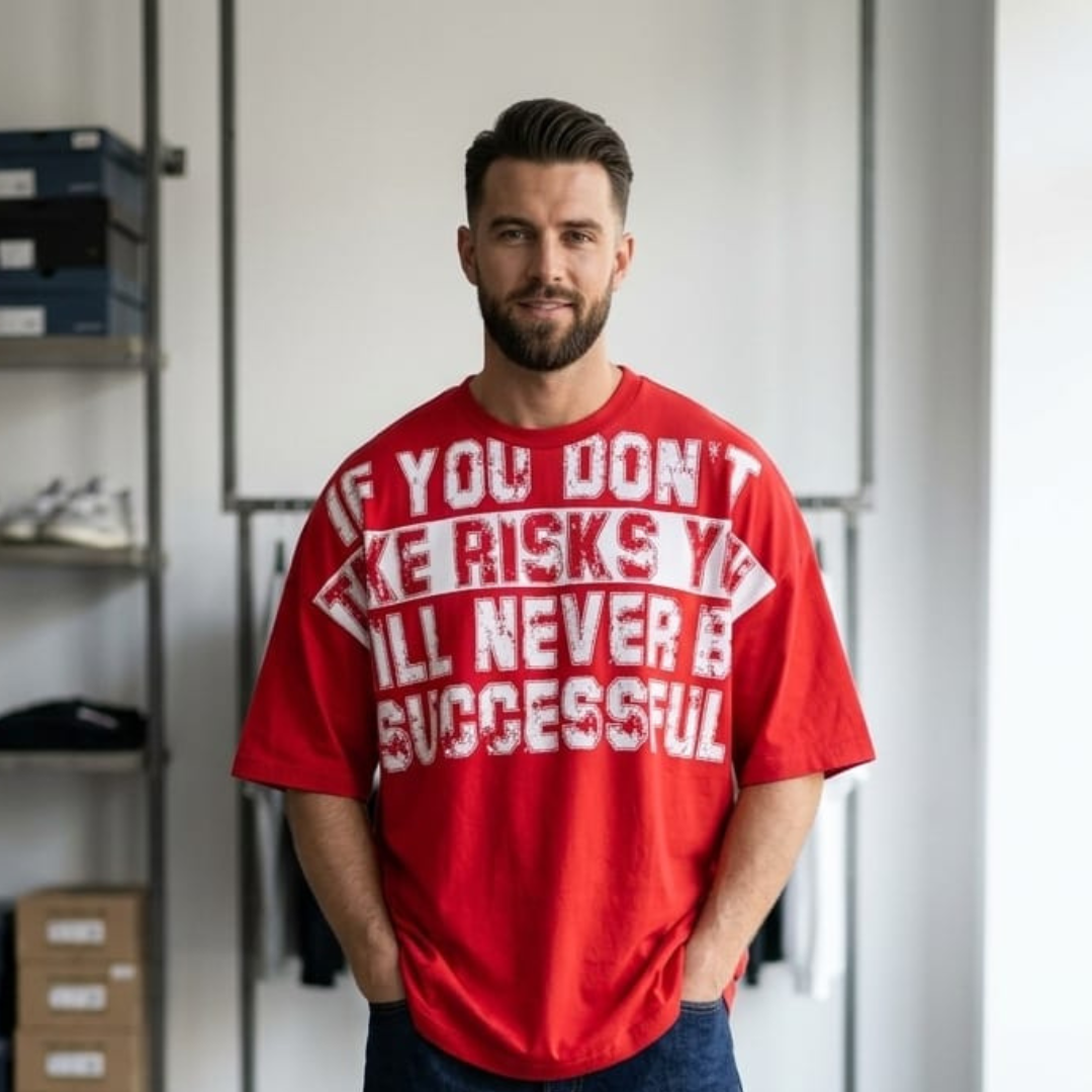 Red t-shirt with four lines of bold white block lettering across the chest