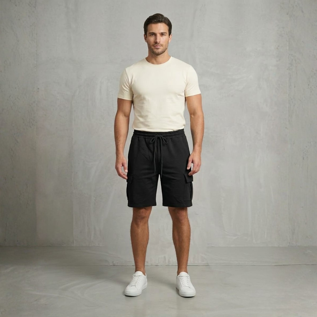 Black men shorts with flap side pockets and a black drawstring