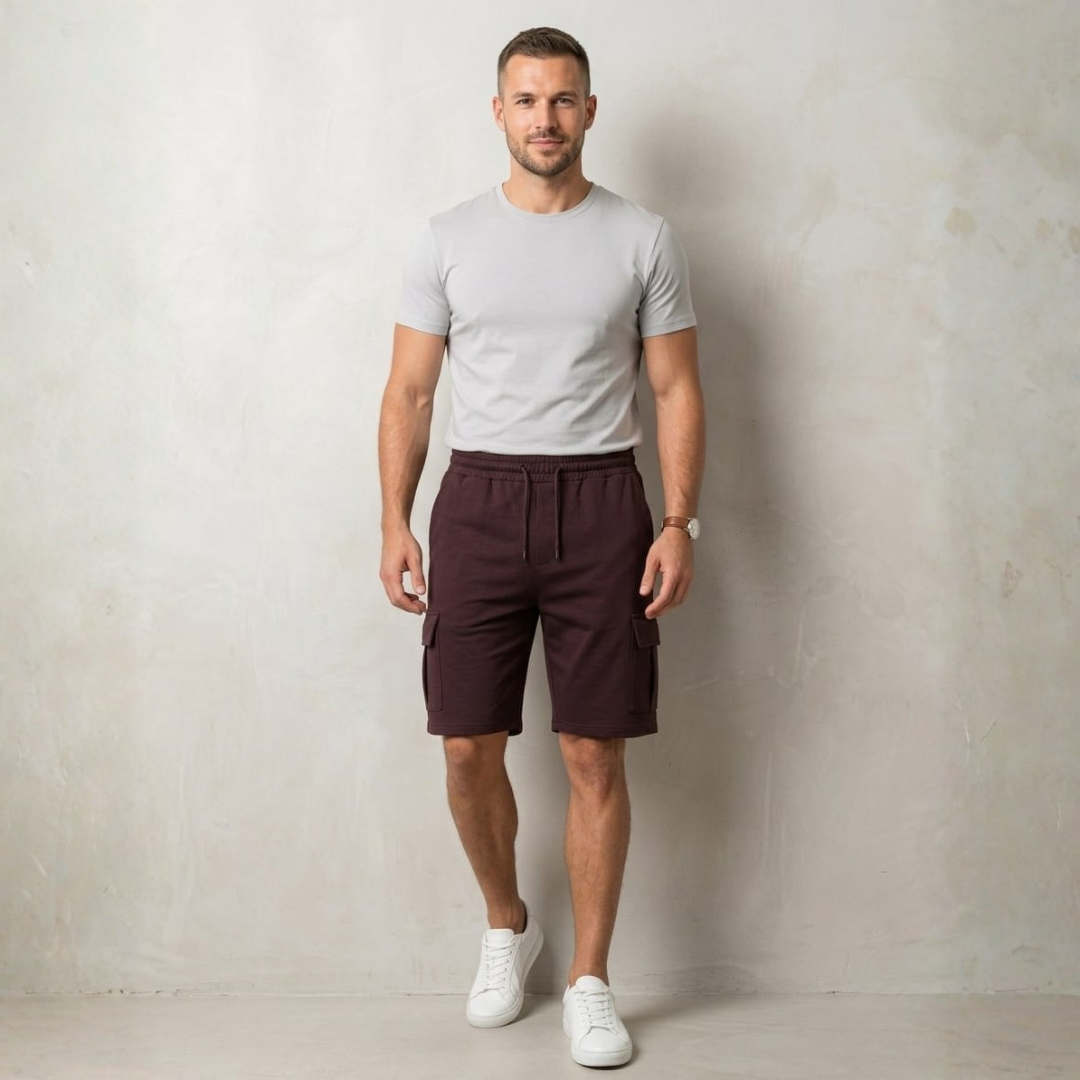 Burgundy men shorts with flap side pockets and a drawstring waist