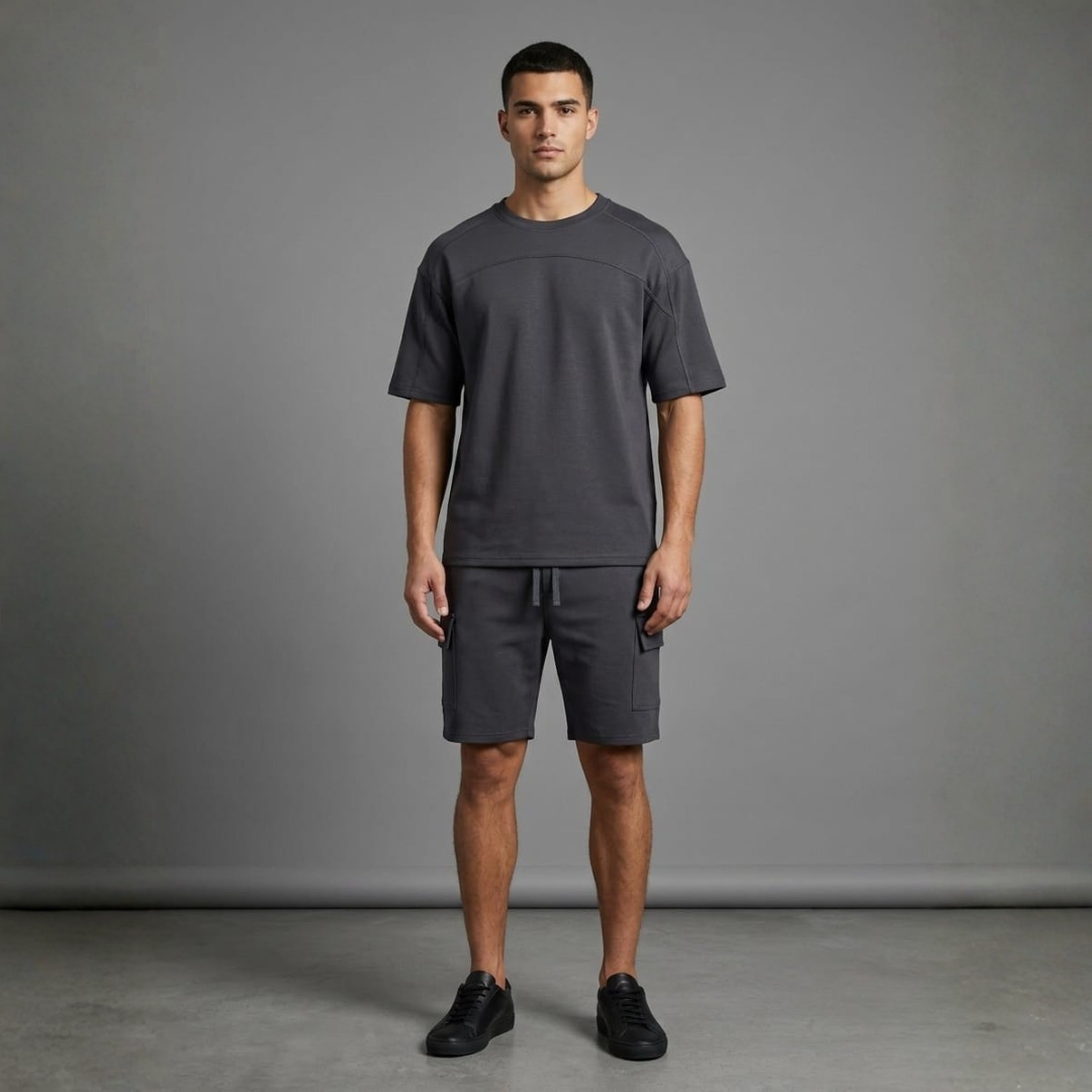 Charcoal grey tee with short sleeves and matching cargo shorts with flap side pockets and a drawcord