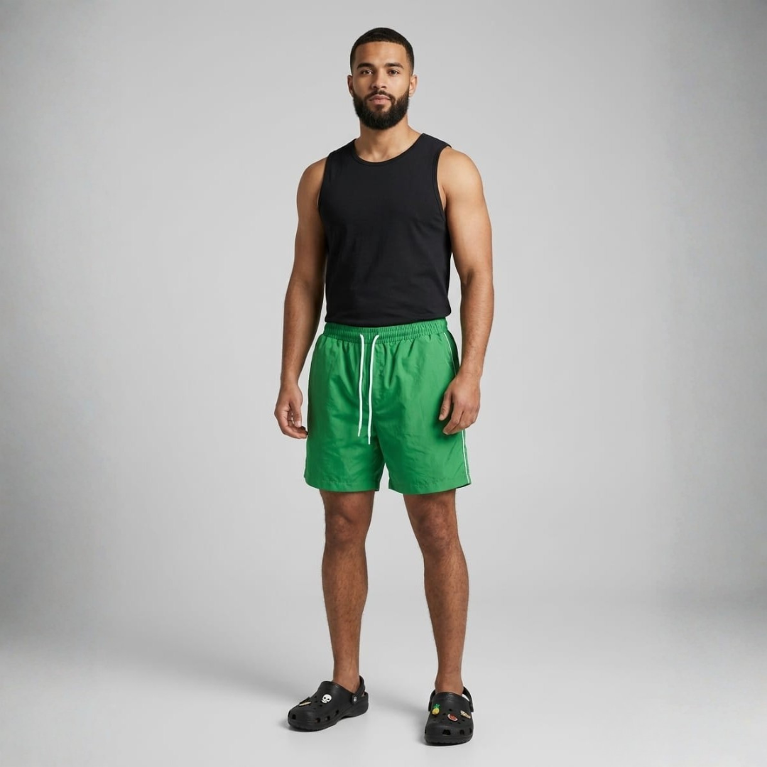 Green jumbo sea shorts with a white side stripe and a white drawstring