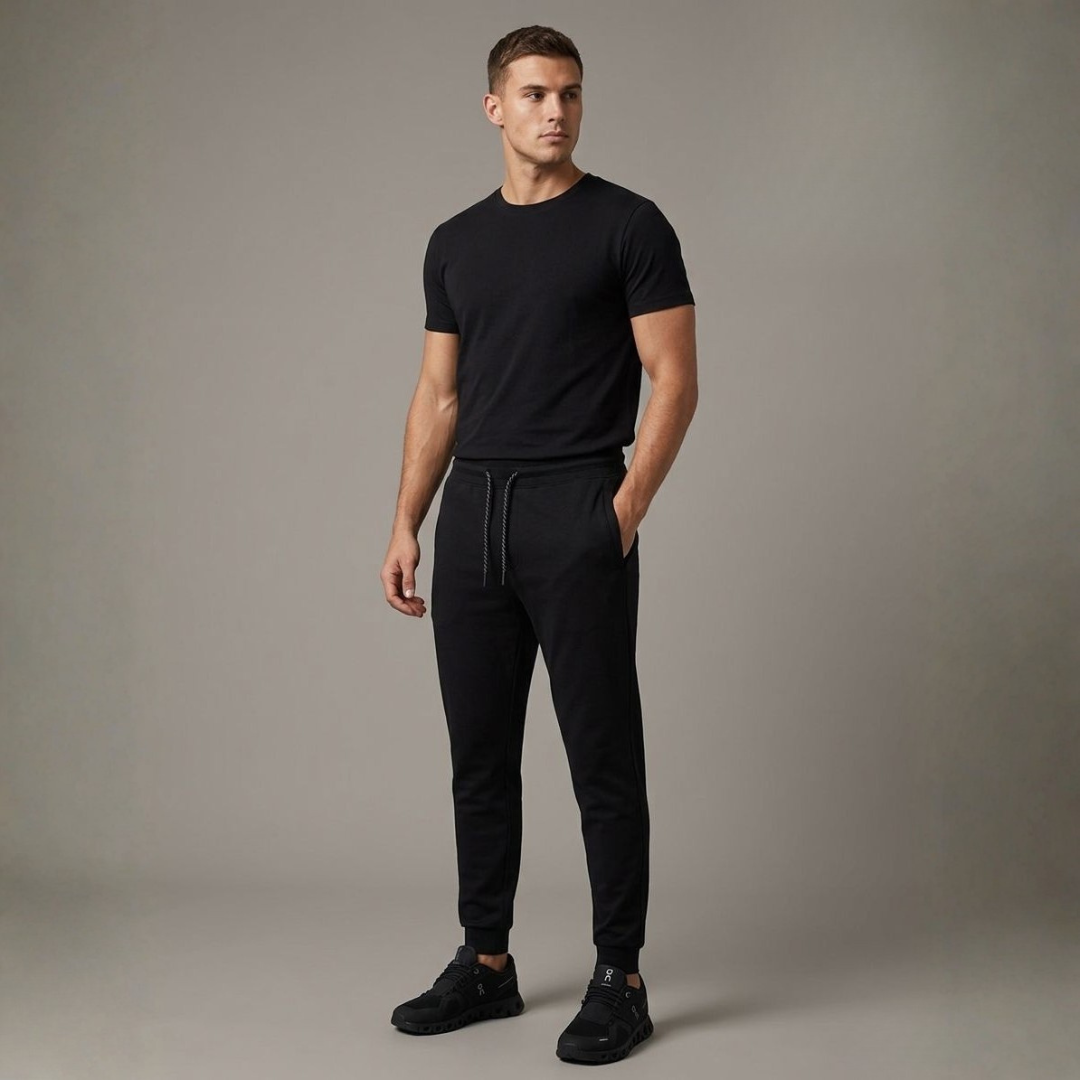 Black joggers with ribbed cuffs, a drawstring waist and side pockets