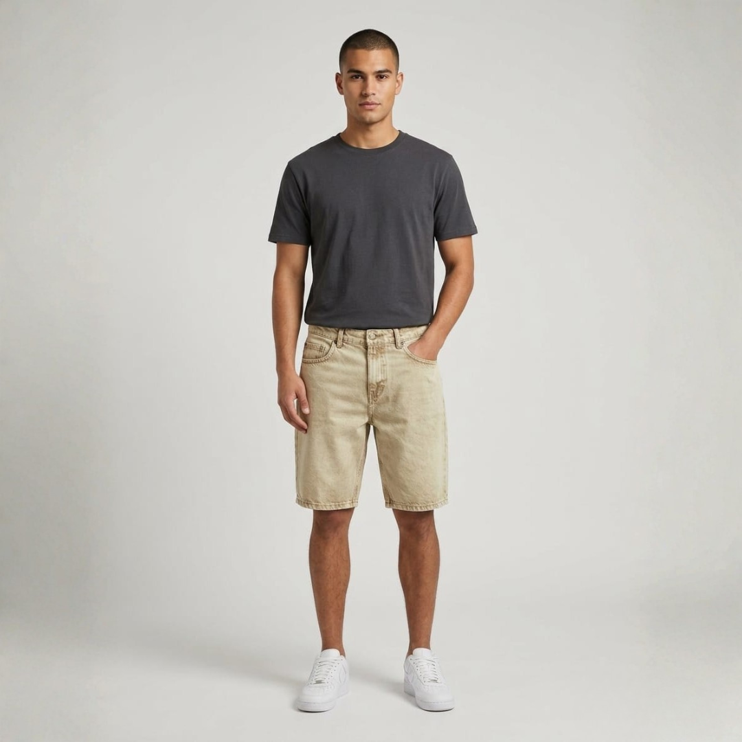Sand toned denim shorts with five pockets and a straight leg, worn with a dark grey tee and white sneakers