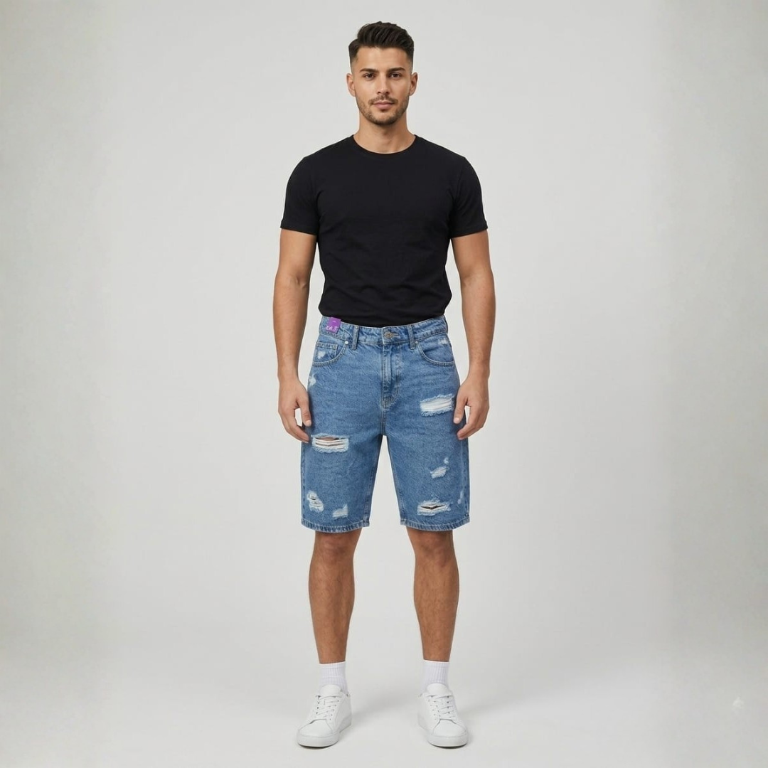 Blue denim shorts with torn patches at the front and five pockets, worn with a black tee and white sneakers