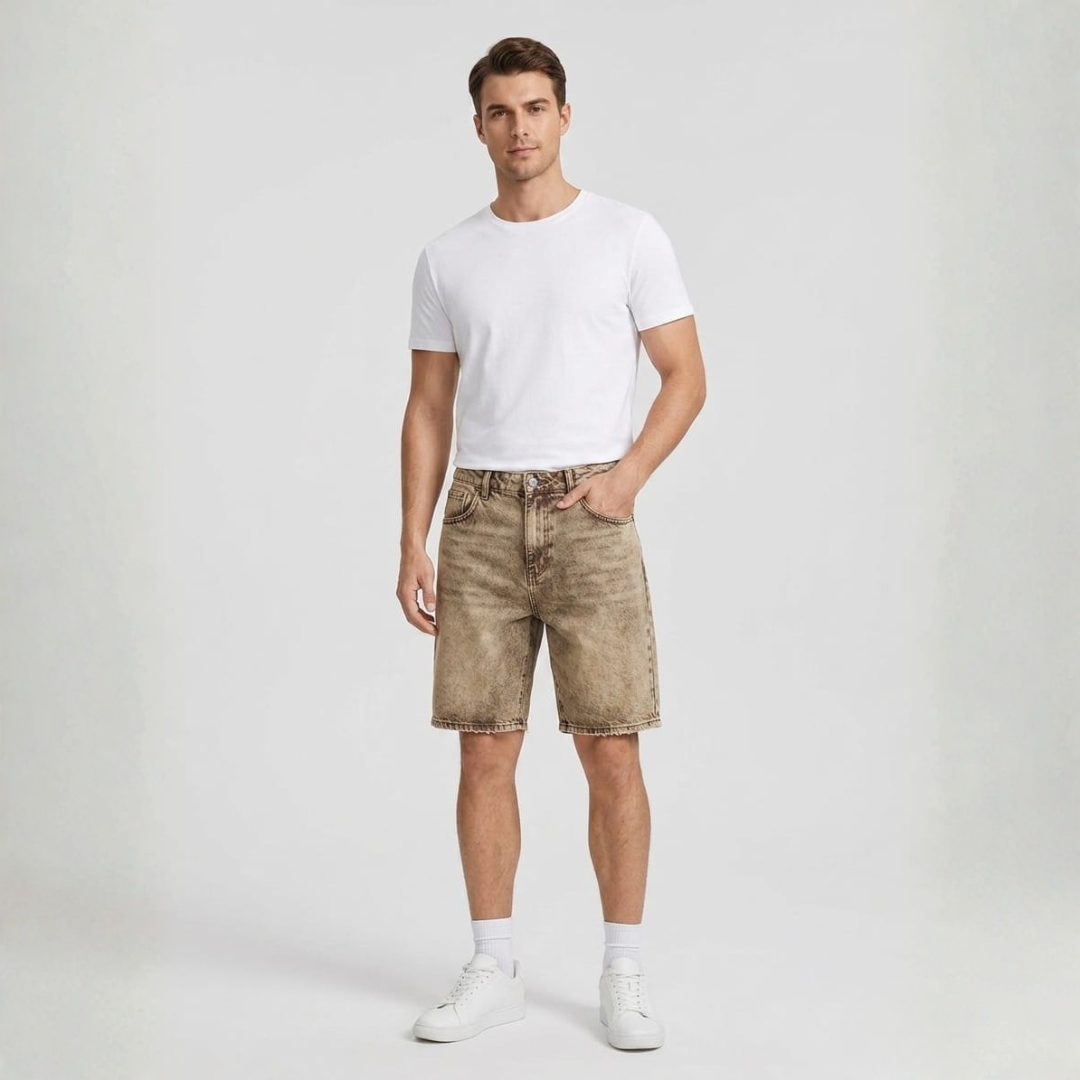 Khaki denim shorts with a mottled wash and five pockets, worn with a white tee and white sneakers