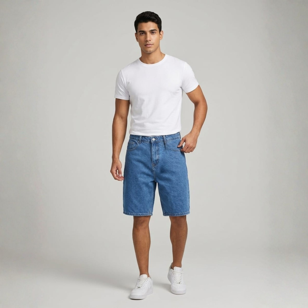Plain mid blue denim shorts with five pockets and a straight leg, worn with a white tee