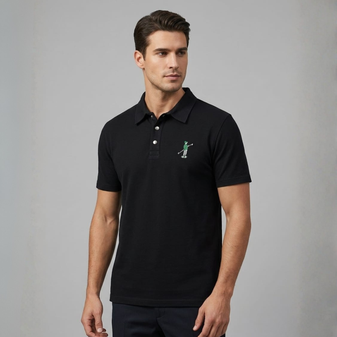 Polo T-Shirt in black with a small green embroidered player figure at the chest and white buttons