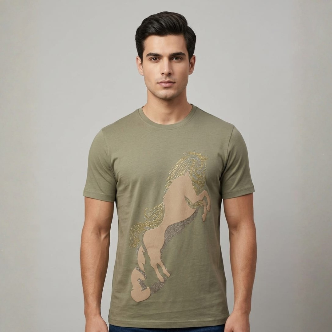 Oversized T-Shirt in sage green with a beige horse figure set with sparkling stones