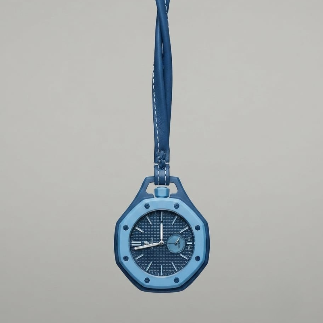 Navy watch charm with a sky blue inner bezel, a small counter on the textured dial and a navy strap