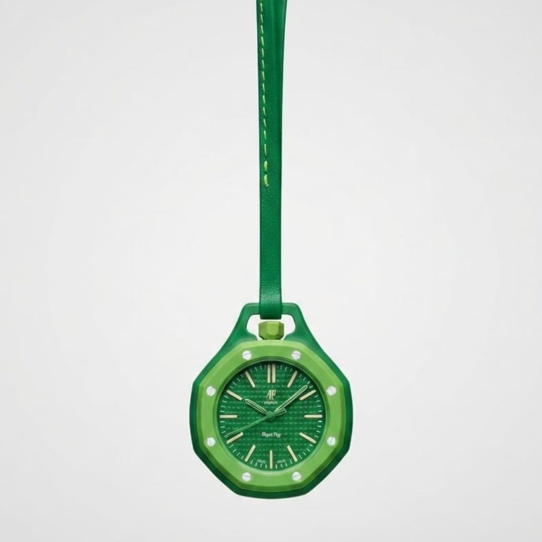 Green watch charm with a light green bezel, cream markers on a textured green dial and a green strap