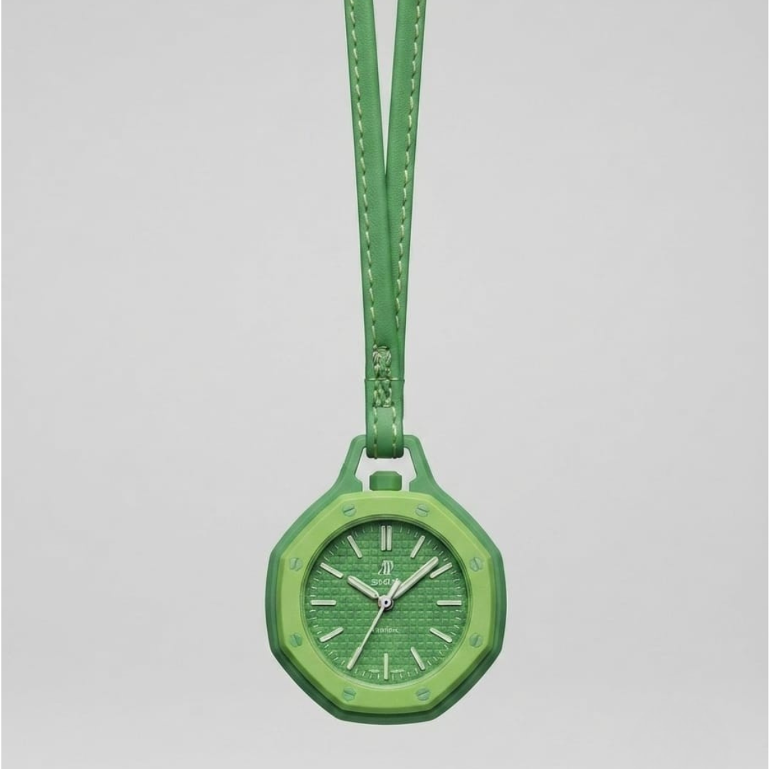 Green watch charm with a bright lime bezel, a textured green dial and a doubled green strap