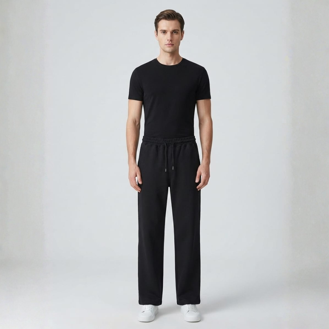 Black pants with a wide leg and a drawstring waist