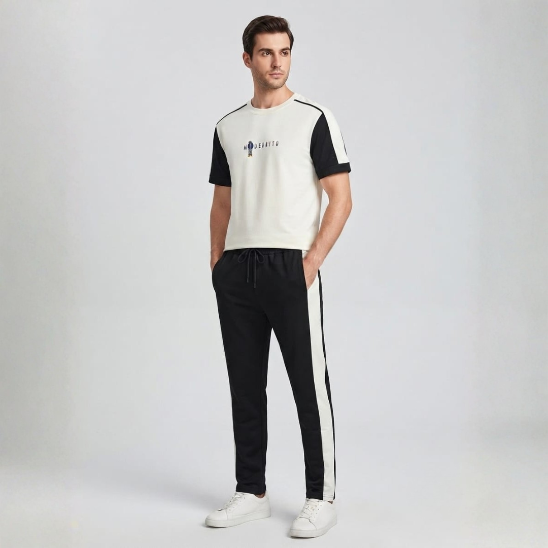 Pants set with a cream tee, black sleeve panels and black pants with a wide cream stripe