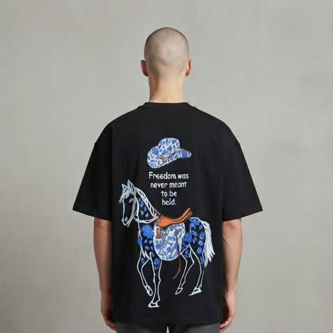 Black tee from the back with a drawn horse, a wide brim hat in a blue floral pattern and handwritten lines