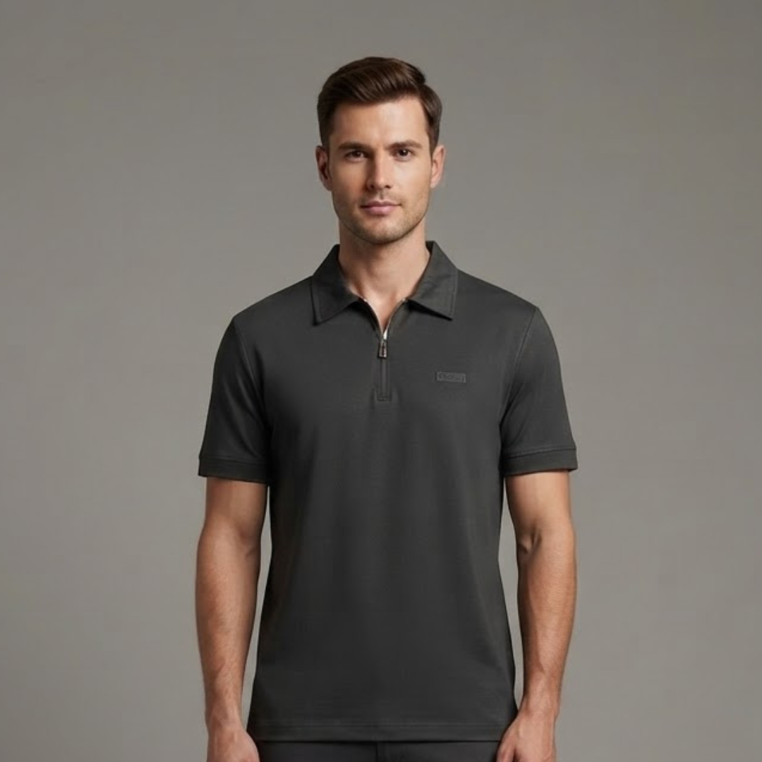 Polo T-Shirt in charcoal with a short zip at the collar and a small tonal label