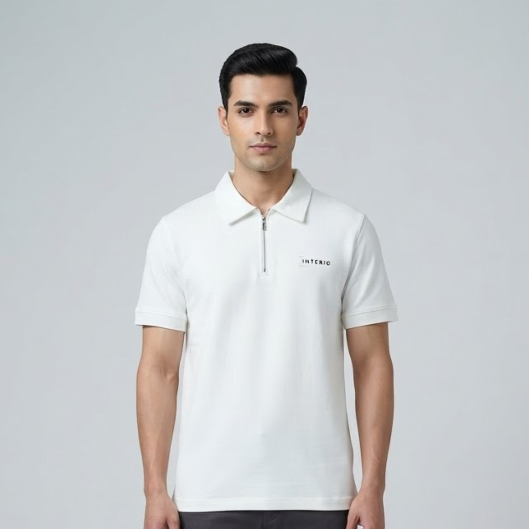 Polo T-Shirt in white with a short zip at the collar and small dark lettering at the chest
