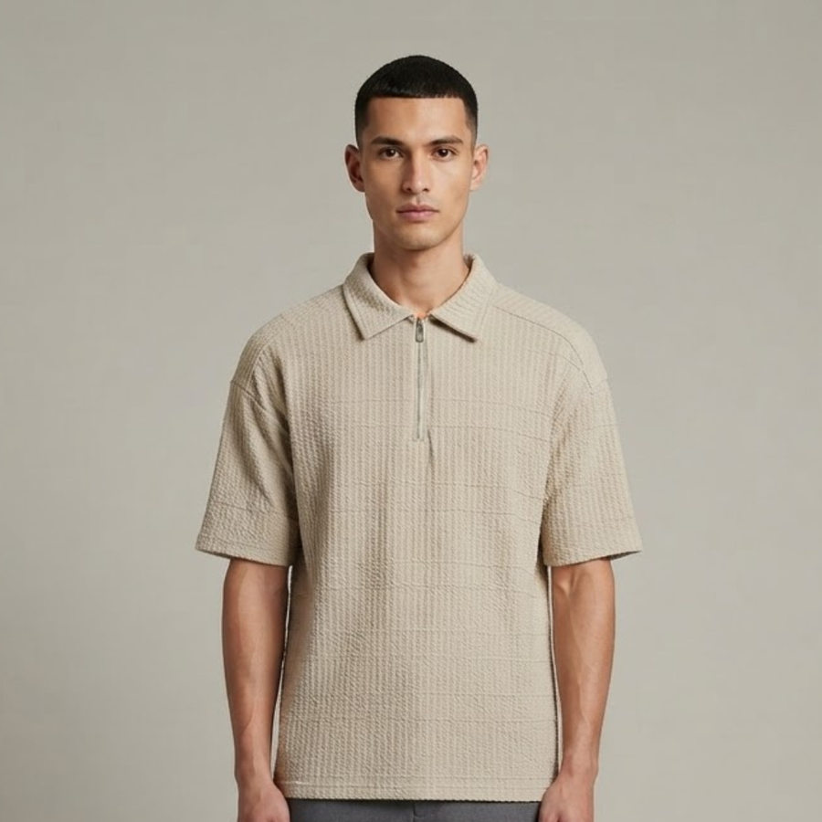 Beige Polo T-Shirt with a Raised Grid Pattern