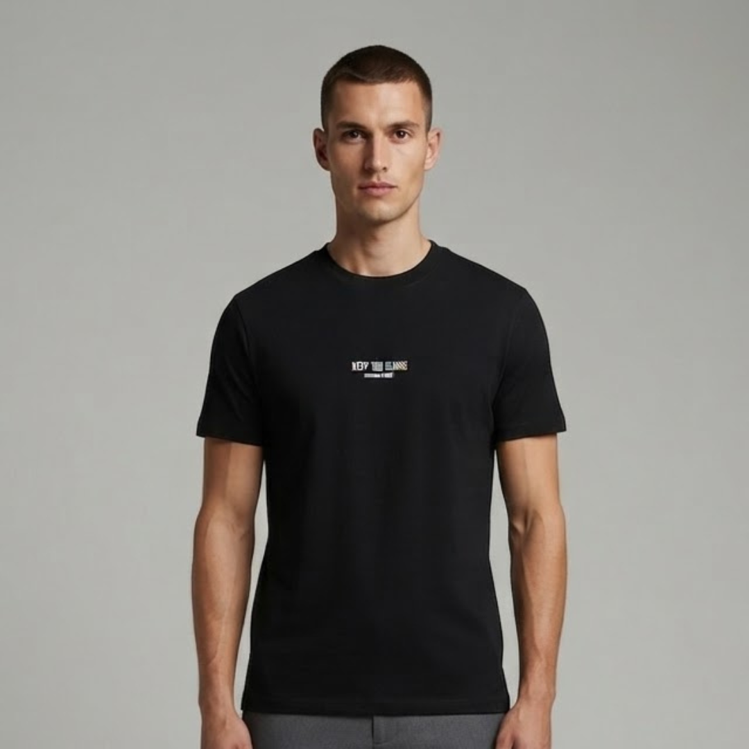 Oversized T-Shirt in black with a small colour two line text at the centre chest