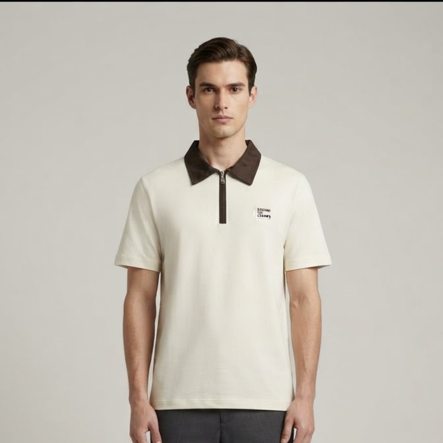 Cream Polo T-Shirt with a Brown Collar