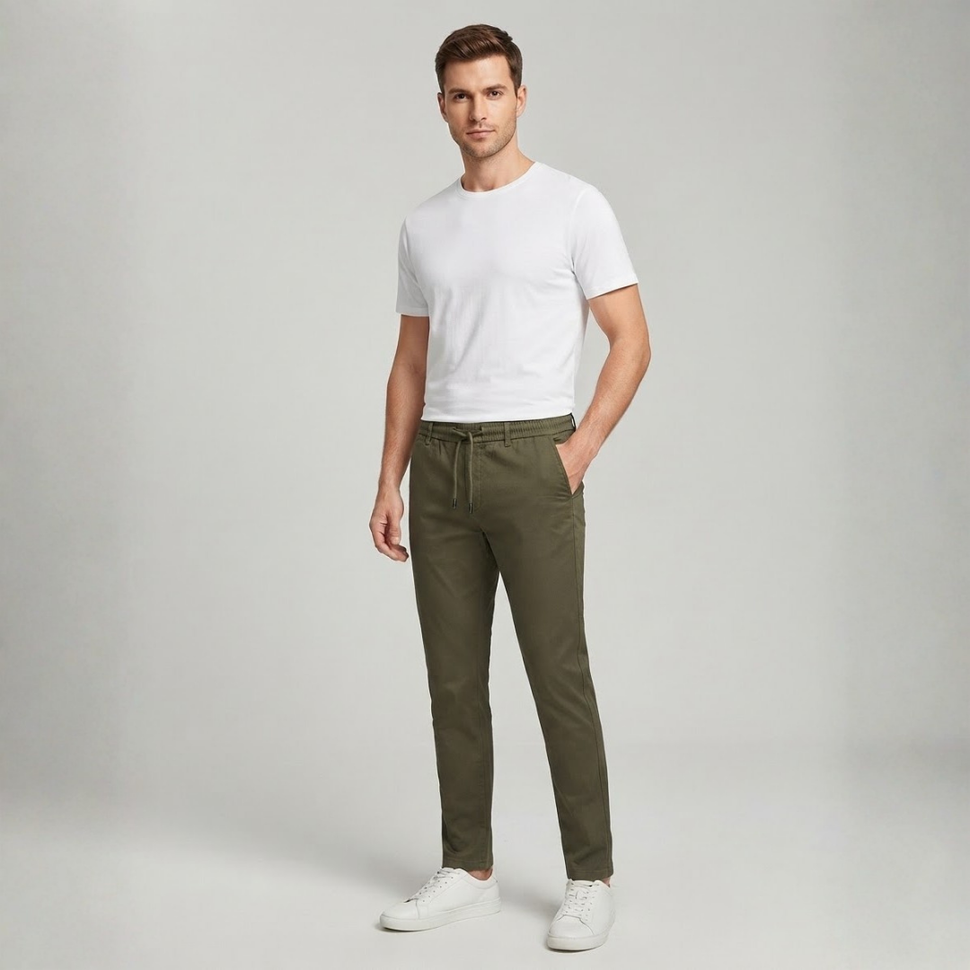 Olive casual pants with an elastic waist and slanted side pockets