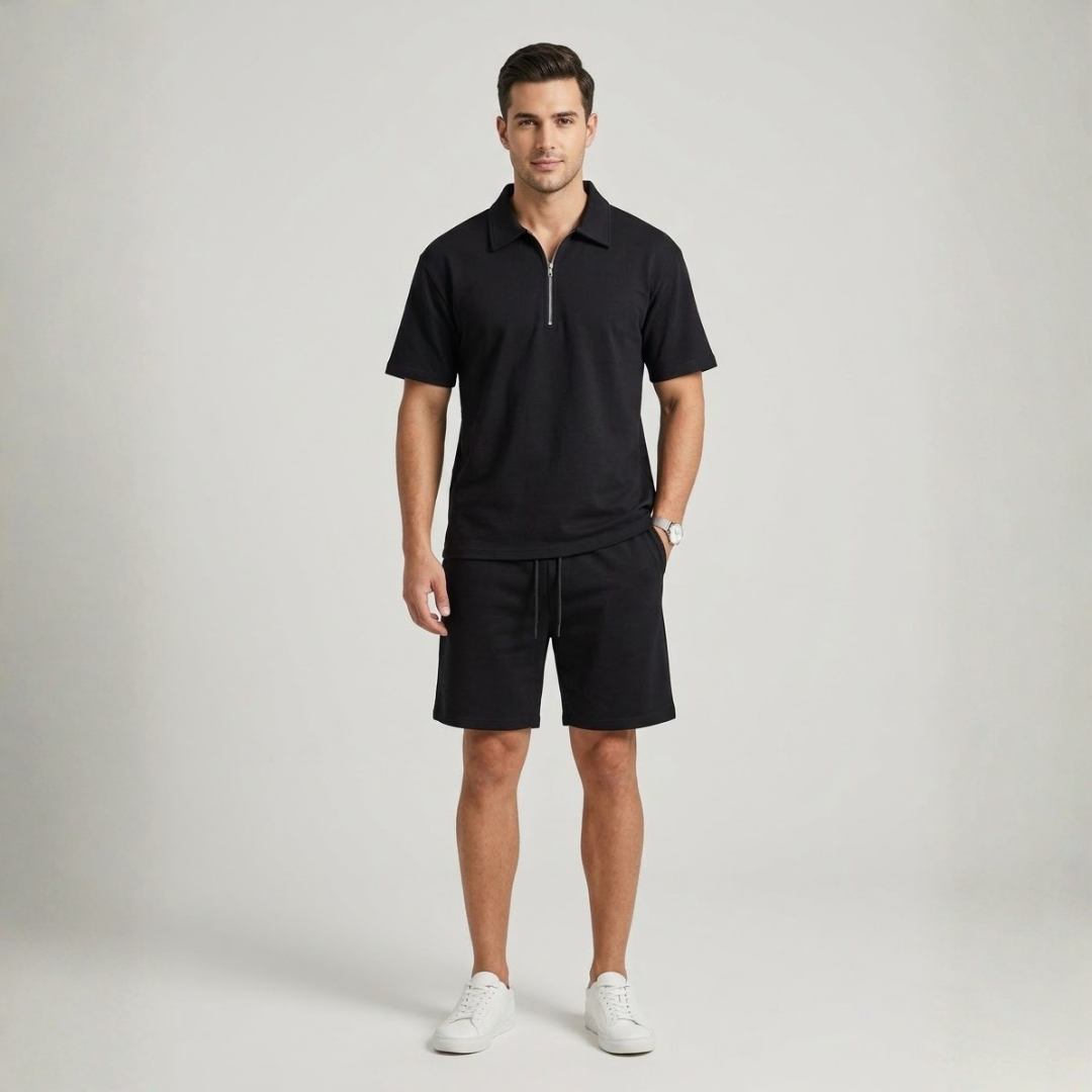 Black T-shirt and shorts set, Big Size, polo collar with a half zip, grey drawstring shorts, worn by a person