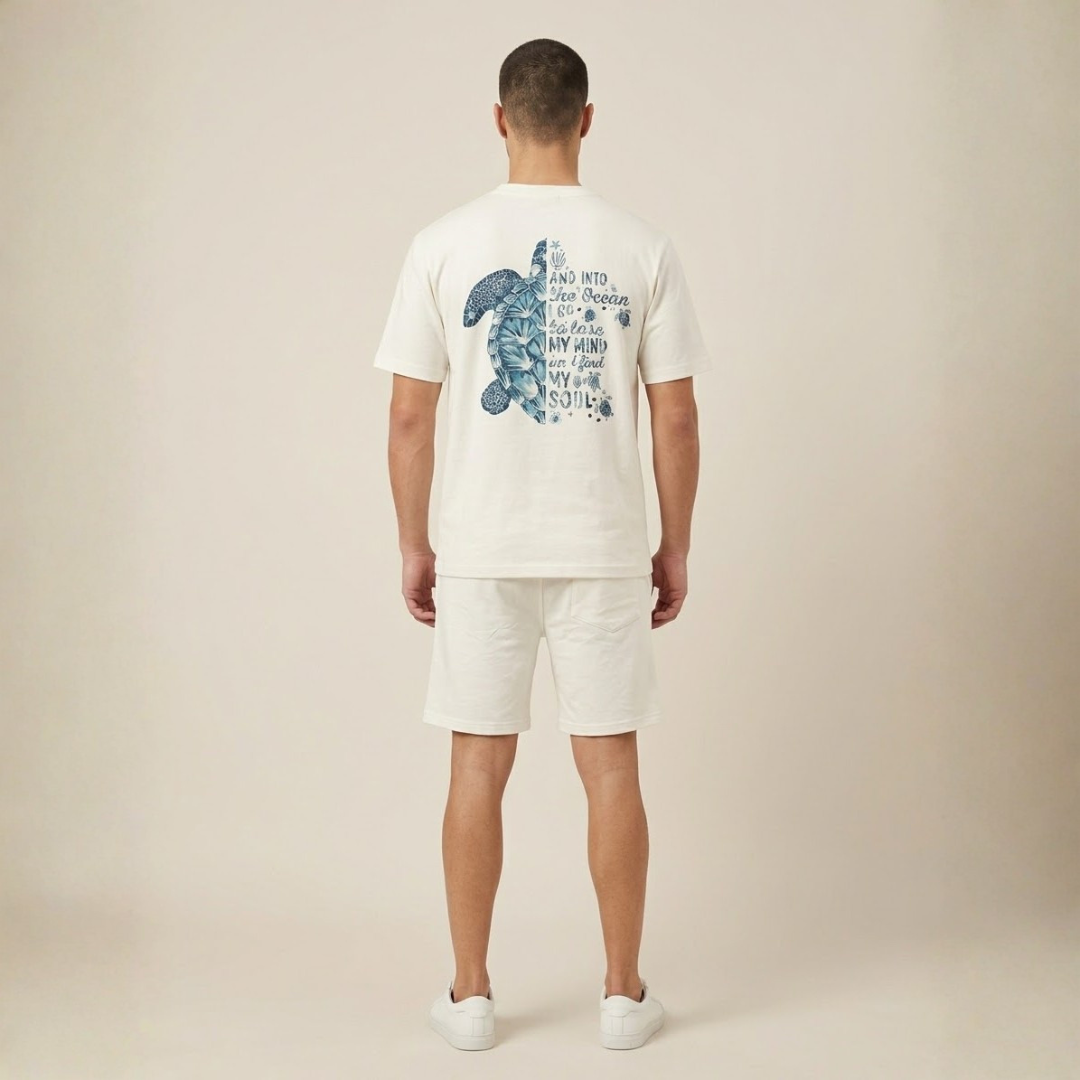 Off-white T-shirt and shorts set, Big Size, blue turtle print with blue lettering on the back, back view