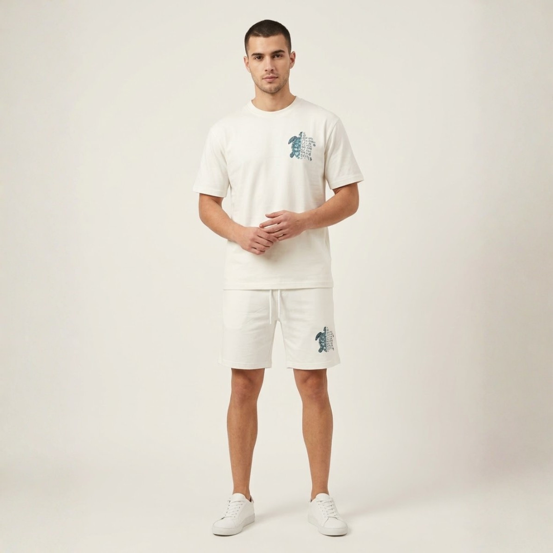 Off-white T-shirt and shorts set, Big Size, small blue turtle print on the chest and shorts, front view