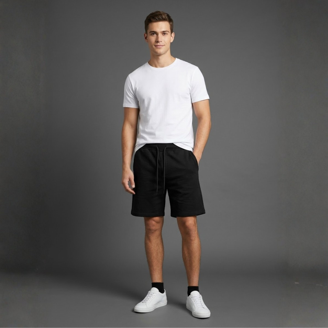 Black shorts, black drawstring at the waist, worn by a person