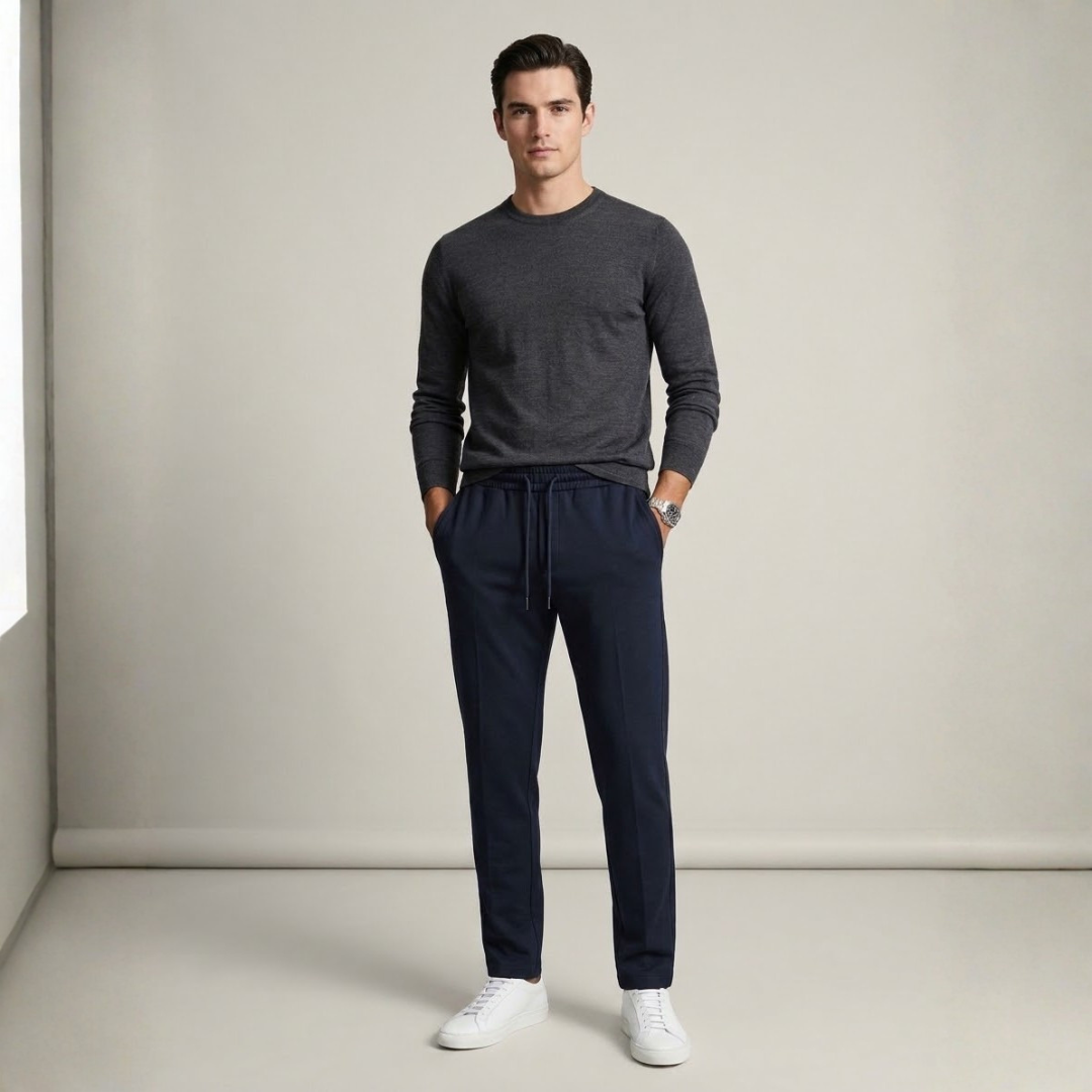 Navy pants, navy drawstring at the waist, worn by a person