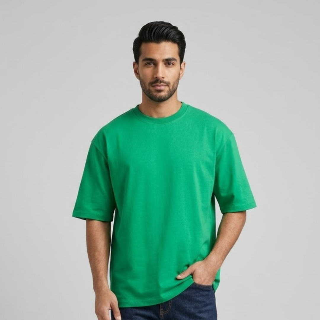 Green T-shirt, Big Size, plain with dropped shoulders and a round neck, worn by a person