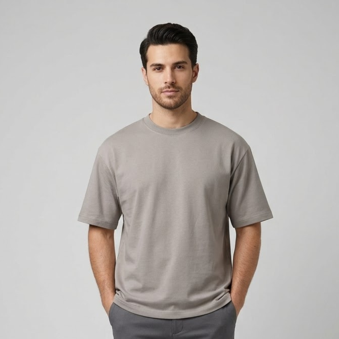 Grey T-shirt, Big Size, plain with dropped shoulders and a round neck, worn by a person