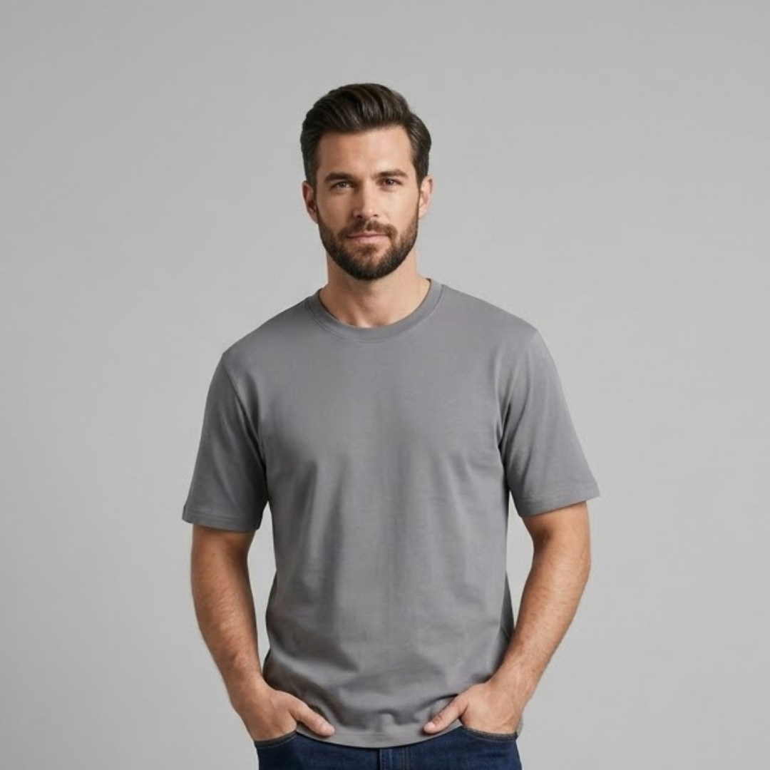 Grey T-shirt, Big Size, plain with a round neck in the same colour and short sleeves, worn by a person