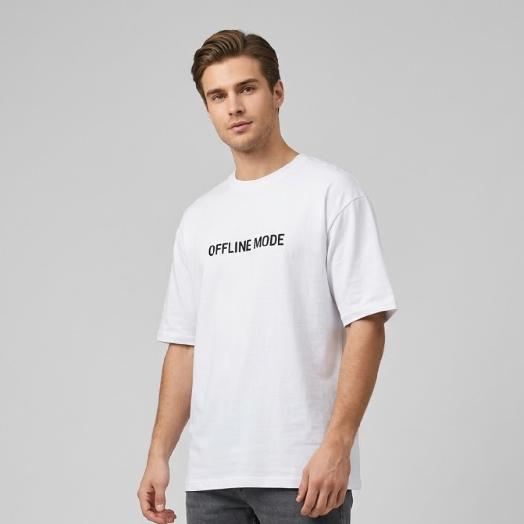 White Shop Five T-shirt, Big Size, black OFFLINE MODE lettering on the chest, worn by a person