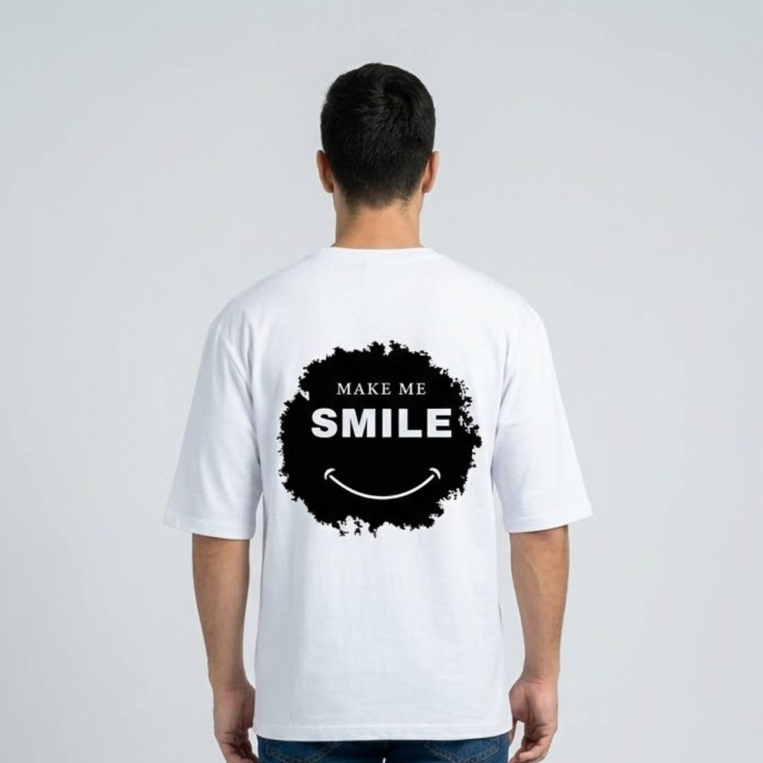White Shop Five T-shirt, Big Size, black splash print with white MAKE ME SMILE lettering and a smile on the back, back view