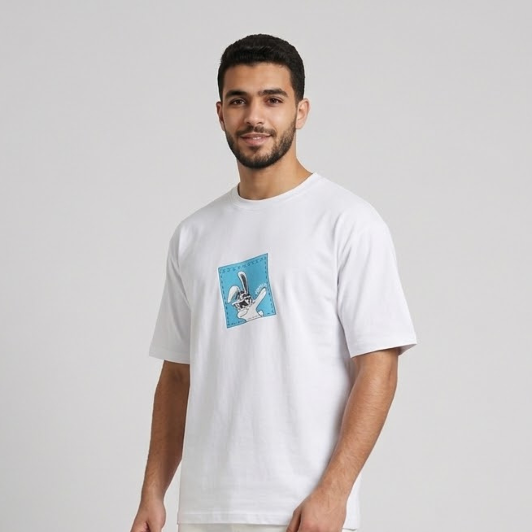 White Shop Five T-shirt, Big Size, rabbit in glasses print in a light blue square on the chest, worn by a person