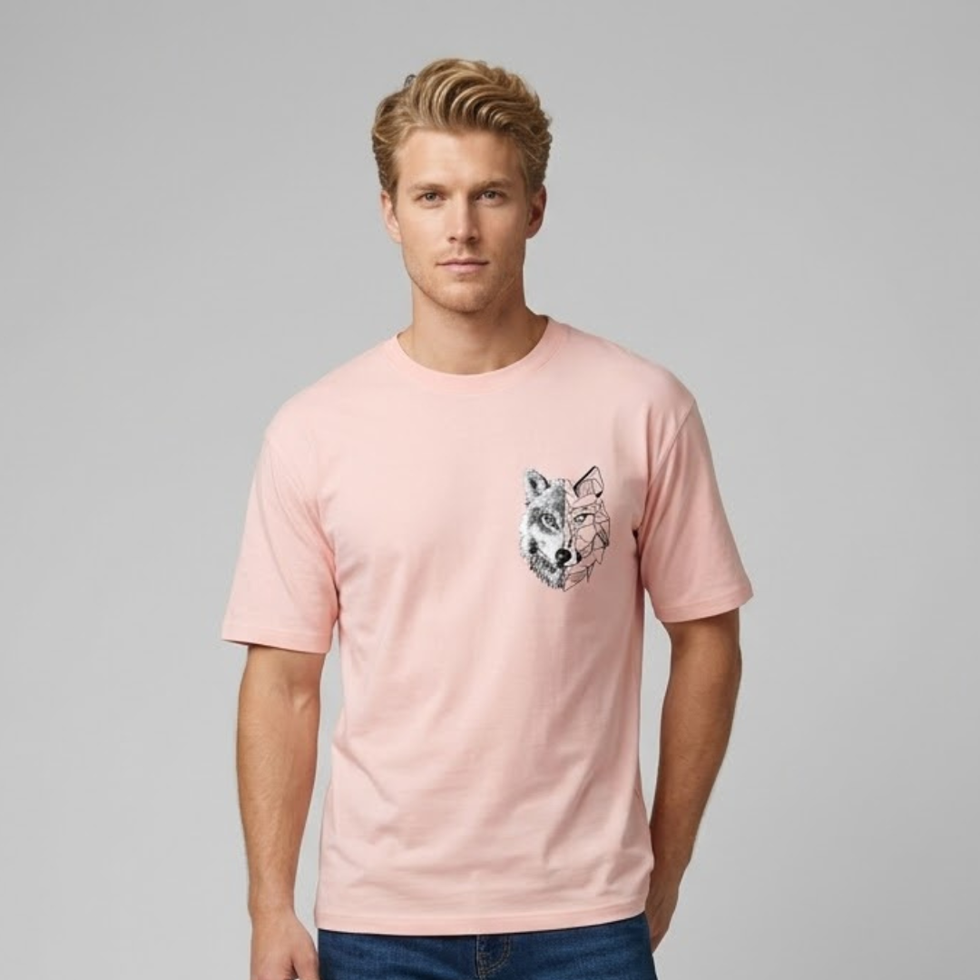 Light pink Shop Five T-shirt, Big Size, small wolf head print on the chest, front view