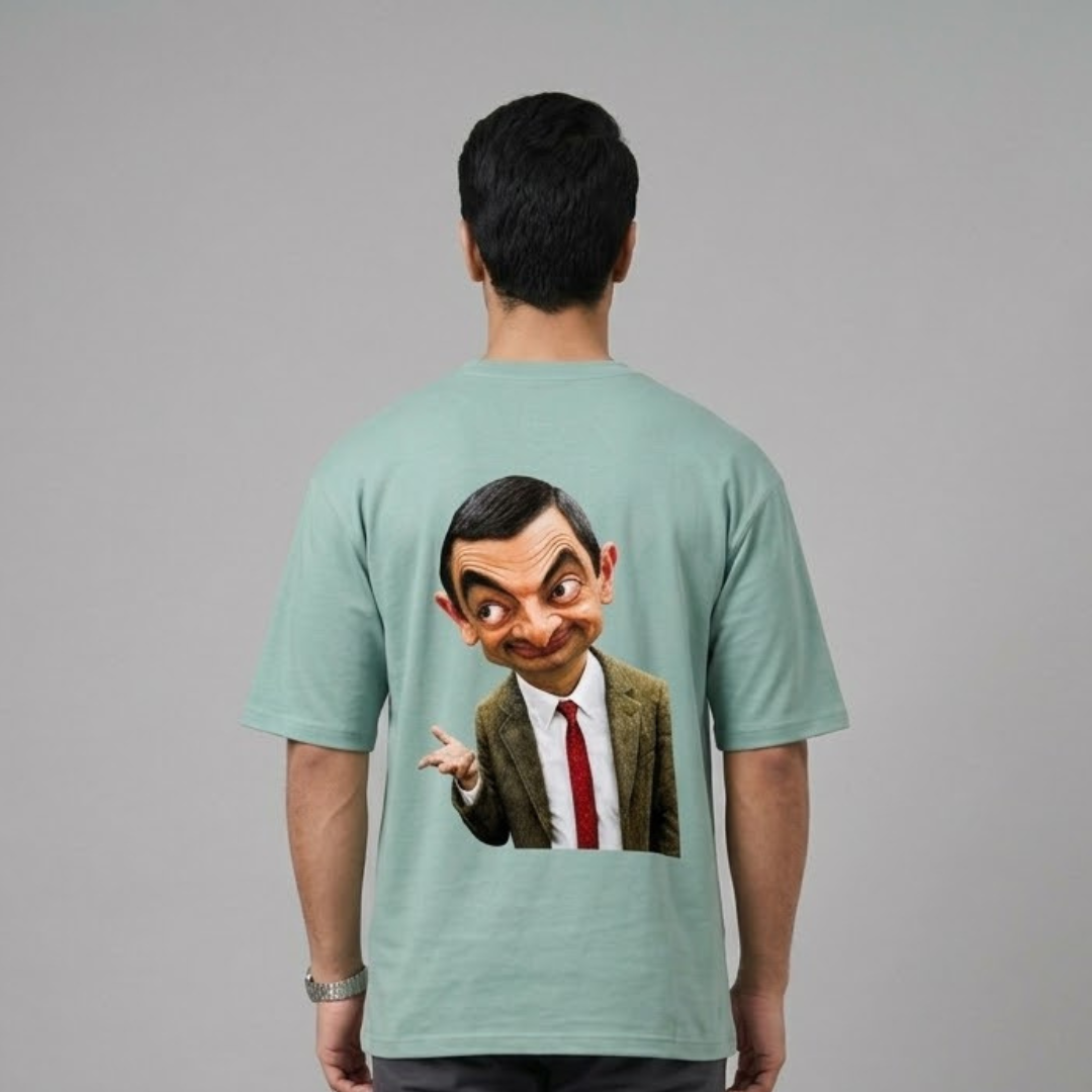 Sage green Shop Five T-shirt, Big Size, print of a man in a suit and red tie on the back, back view