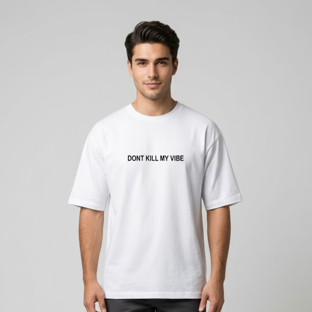 White Shop Five T-shirt, Big Size, black lettering in one line on the chest, worn by a person