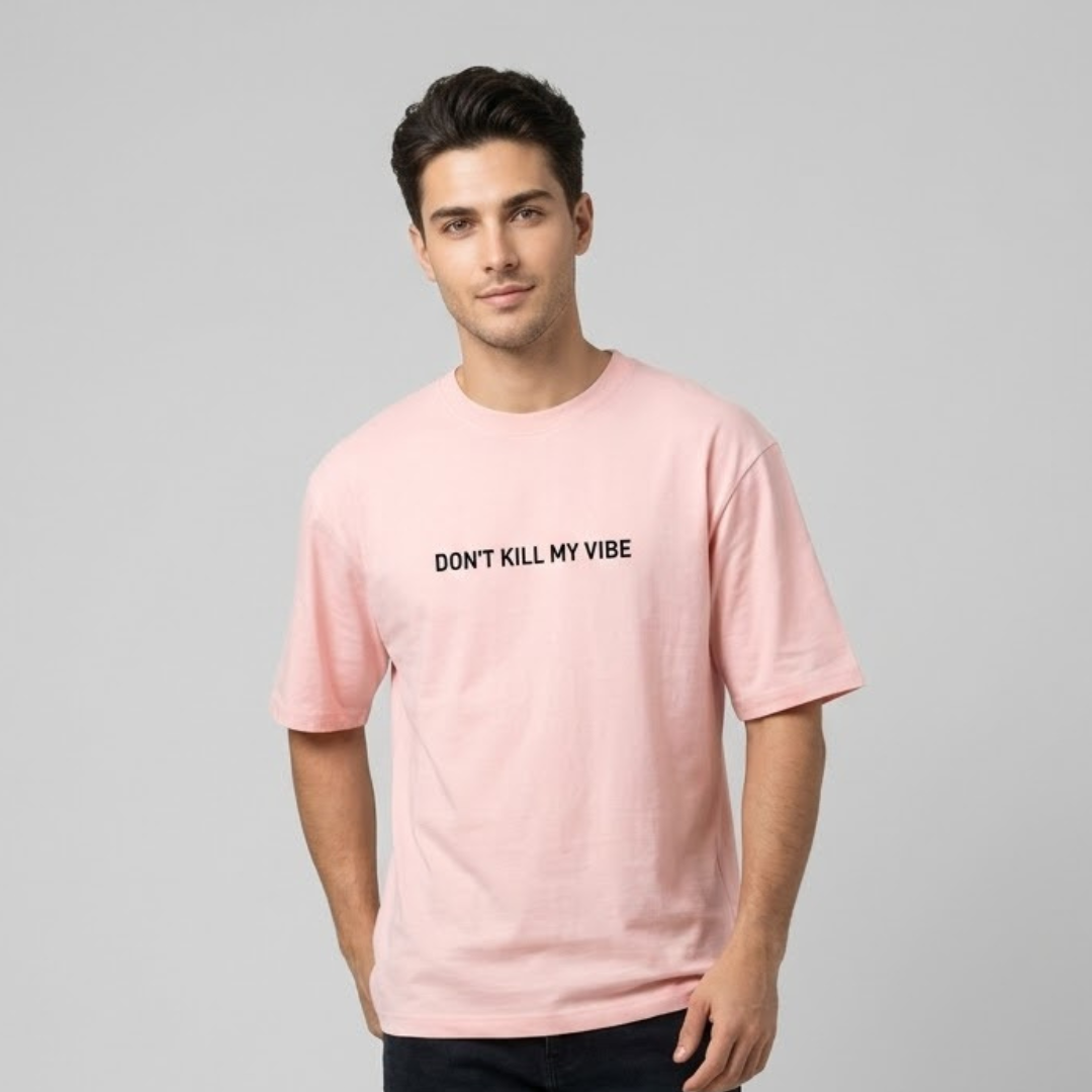 Light pink Shop Five T-shirt, Big Size, black lettering in one line on the chest, worn by a person