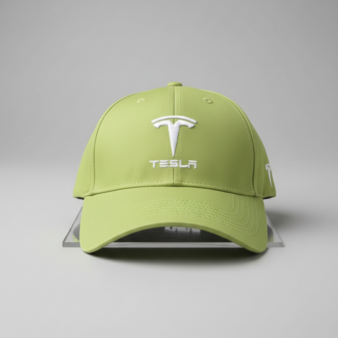 Lime green cap with a white raised emblem and lettering below it
