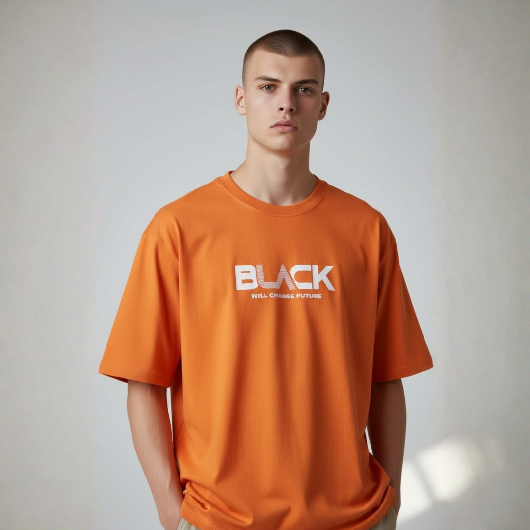 Oversized Super Size T-Shirt in orange with a wide white word and a small line below