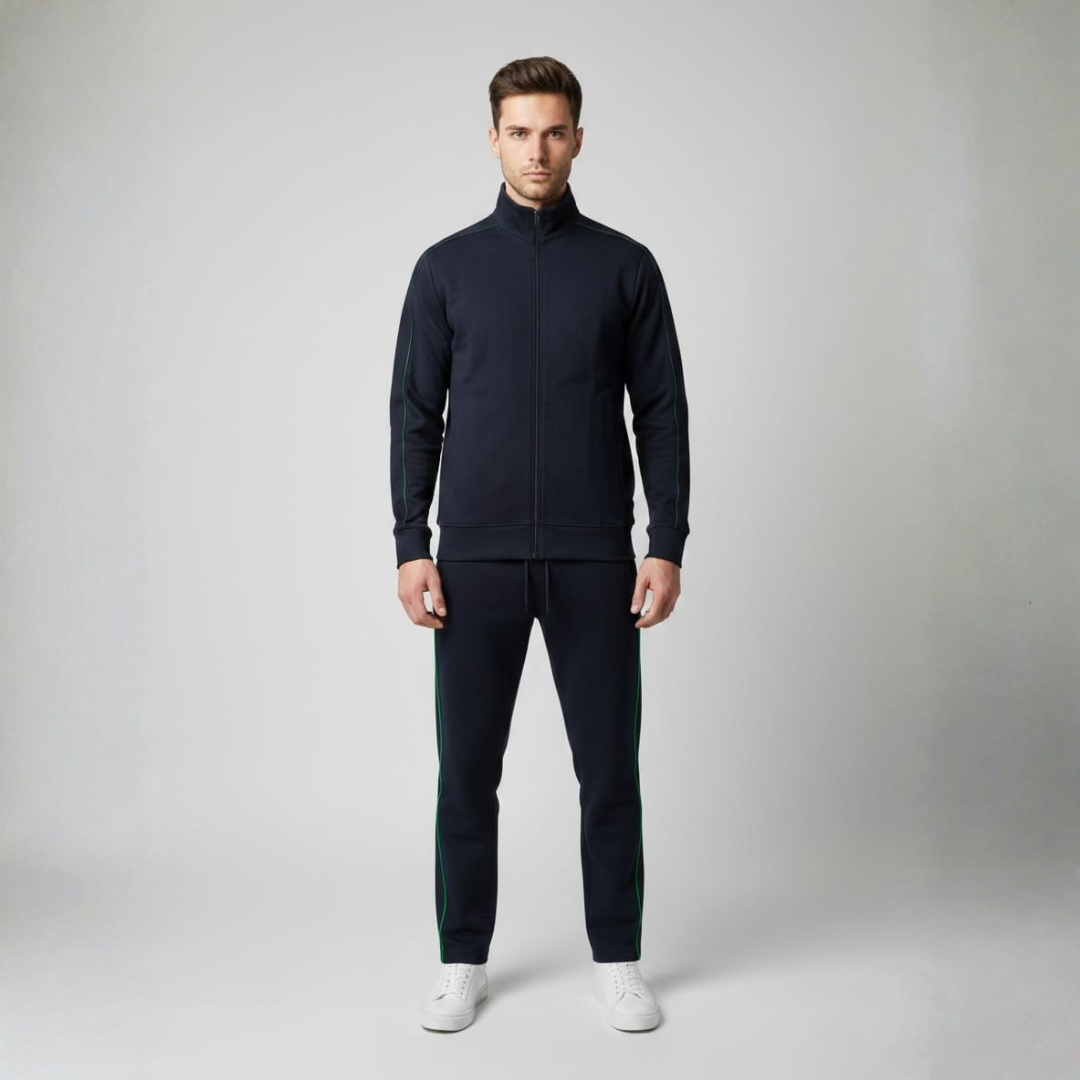 Navy zip jacket and navy pants with a green stripe running down the side of the leg