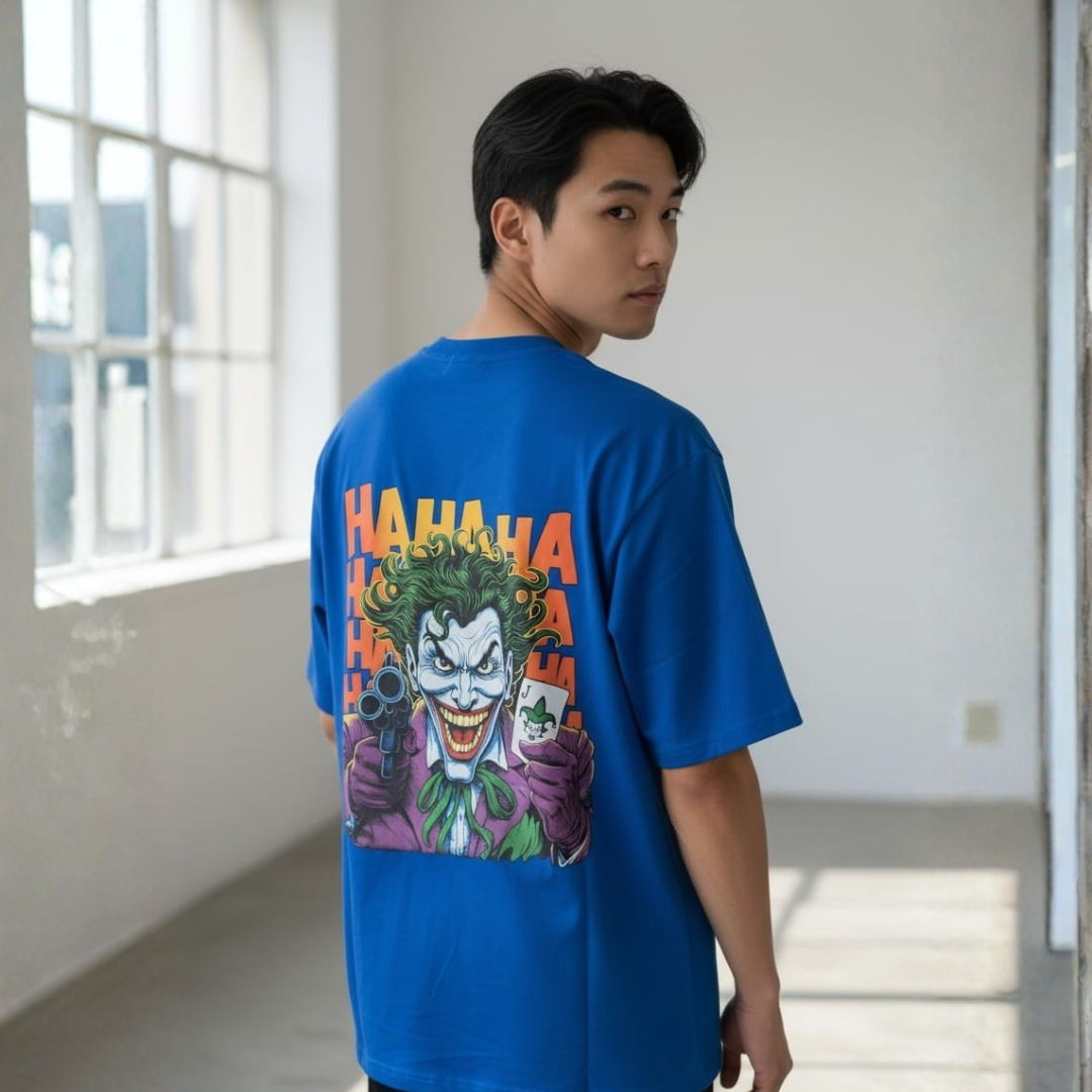 Oversized Super Size T-Shirt in royal blue with a colour figure and repeated orange lettering